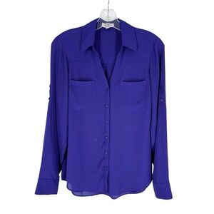 Express Portofino Blouse Womens Size Small Blue Violet Roll Tab Sleeve Career